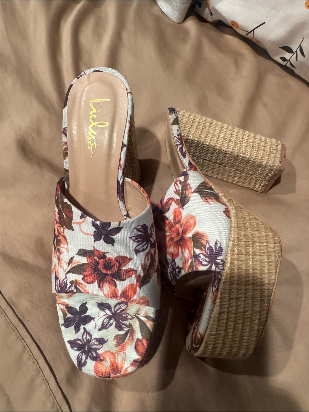 Lulu's Cream Floral Platform Mules with Orange & Purple Blooms